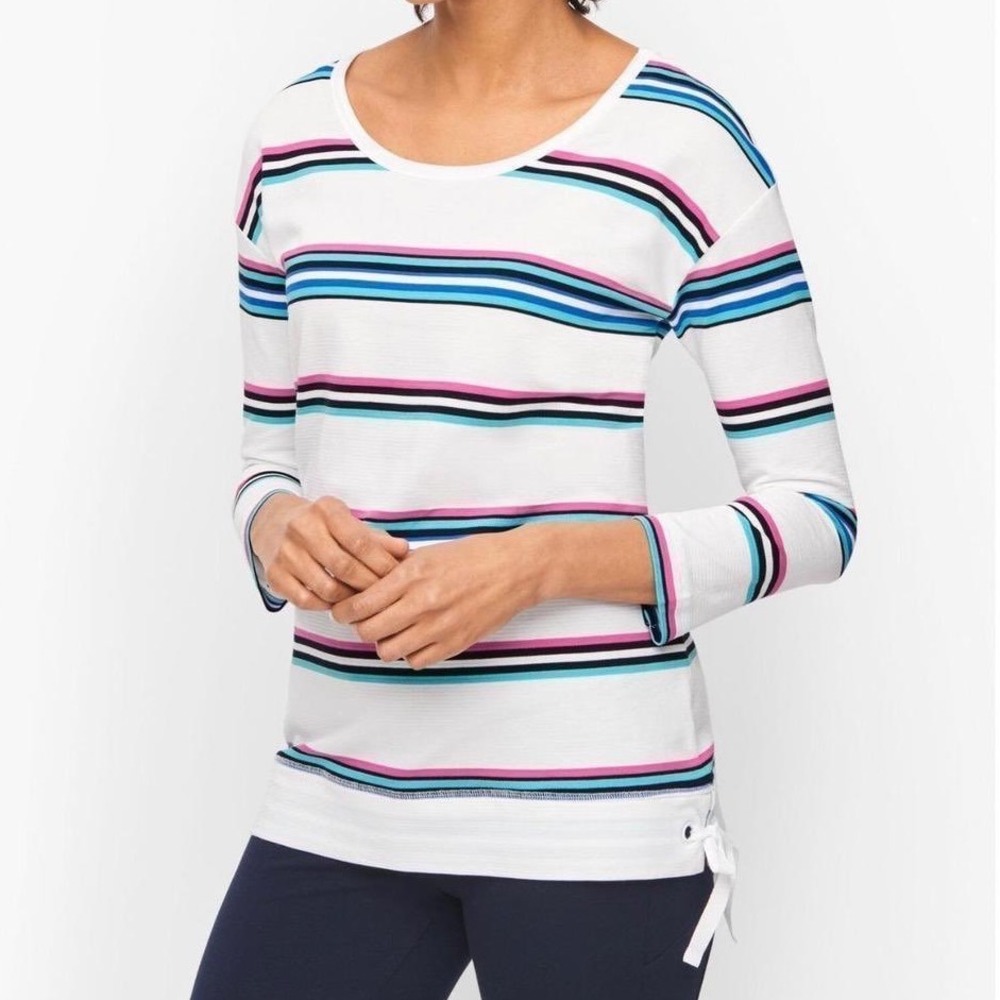 T by Talbots Knit Top Striped White Blue Pink half Sleeve Tie Side 2X